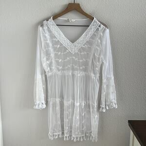 Coconut Bay White Mesh and Lace Boho Swim Beach Cover Up Dress Tunic Medium